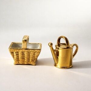 Miniature Gold and Porcelain Japanese Figurines - Woven Basket and Watering Can